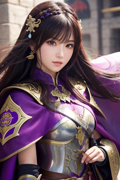 Close-up of a woman in armor and a purple cape, Koei Tecmo, Zhao Yun, China&#39;Three Kingdoms, Bianlian, Genghis Khan, Feng Shui, ponytail, Xianxia Hero, Chinaの戦士,