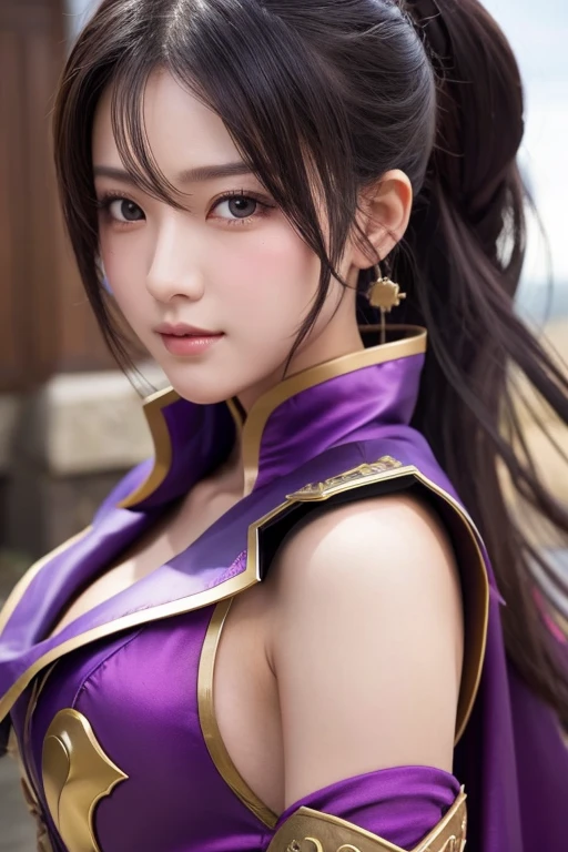 Close-up of a woman in armor and a purple cape, Koei Tecmo, Zhao Yun, China&#39;Three Kingdoms, Bianlian, Genghis Khan, Feng Shui, ponytail, Xianxia Hero, Chinaの戦士,