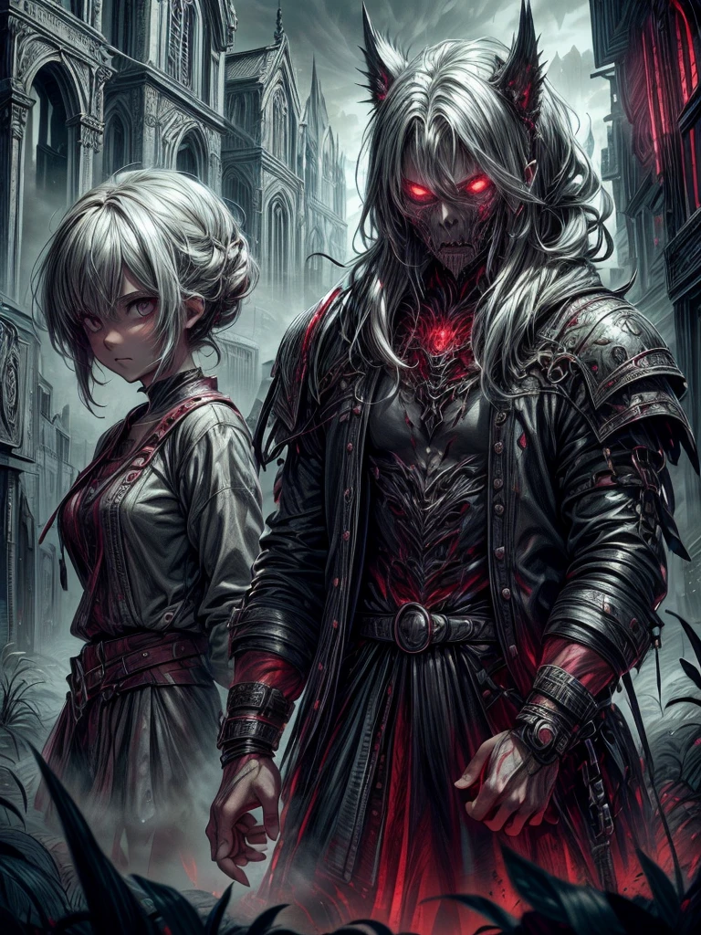 Make a image of a man and girl aged 20yo, in background horrific distroyed village in fog and some living dead villager, afraid girl and man standing boldly with dare, looking forward, UHD, HDR, attractive horror Fantasy book cover, red moon in the sky, 8k, realistic, 3d, soft focuse, horror story 