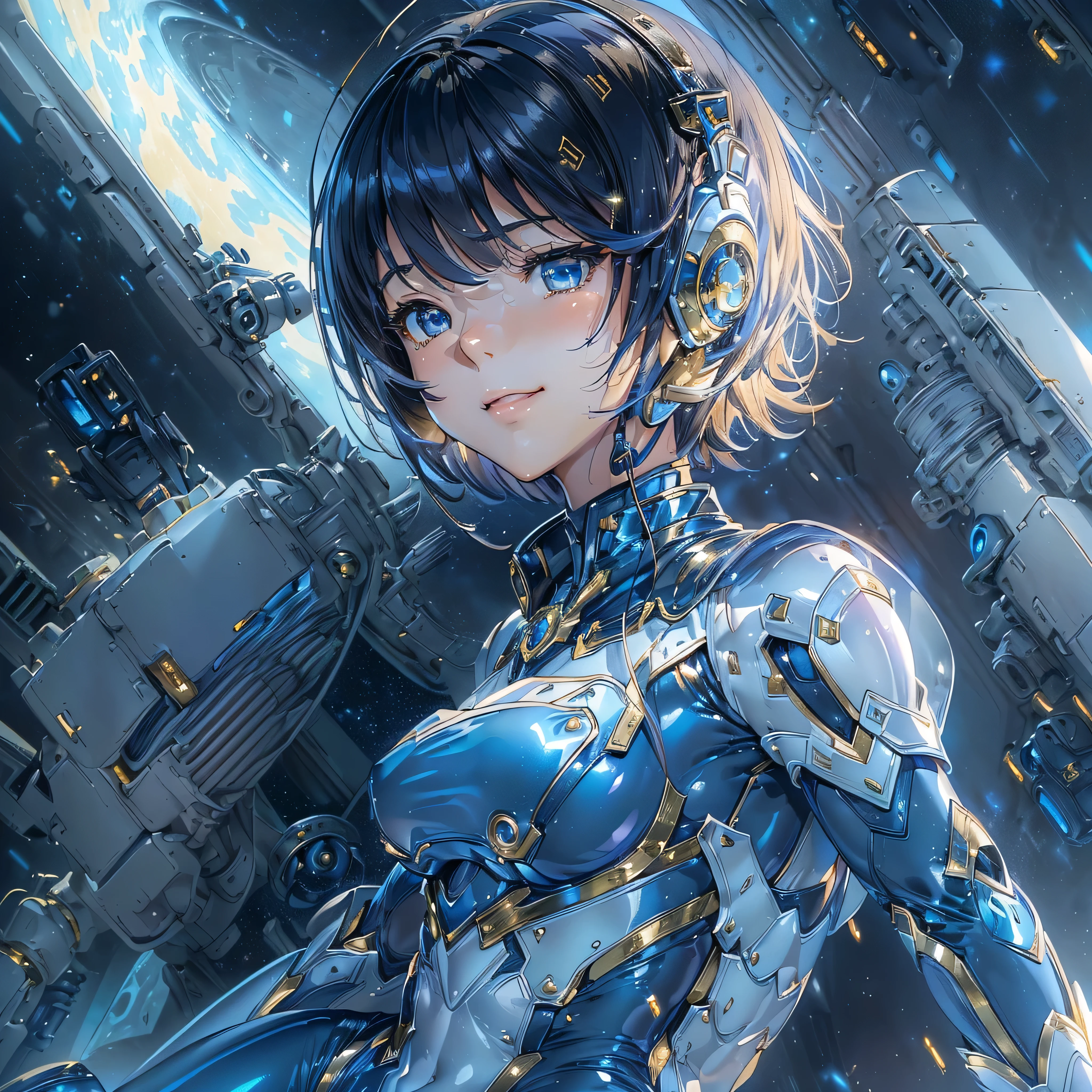 (masterpiece、Highest quality、Highest Resolution、Clear_image、Detailed details、Angle from above): (Whole body、One 20 year old girl、Japanese Faces、Small Face、Slender、Navy blue super short bob cut hair、(Hidden small breasts:1.3)、Sparkling blue eyes、Shiny pilot suit in blue and black colors、Chest protection armor、Tight fitting clothes、Clothing that covers the whole body、Glamorous clothes、Tight Fit Pants、Hide your skin、Very delicate and beautiful、Detailed Skin、hide thighs、Hide your ass、Cute、A gentle smile、Soft expression、heroine、headset、Knee-high boots、Elbow-length gloves、Eye Level Shot、Face directly、Woman on a spaceship)