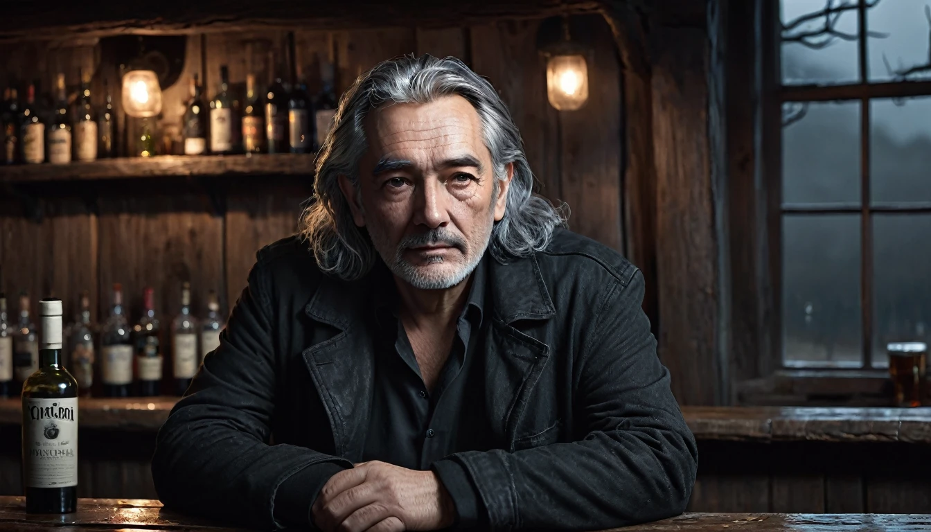 Sir, a middle-aged man with a scar on his face, gray hair and black clothes. Sitting at the bar in gloomy rustic with low light, spooky atmosphere cold night