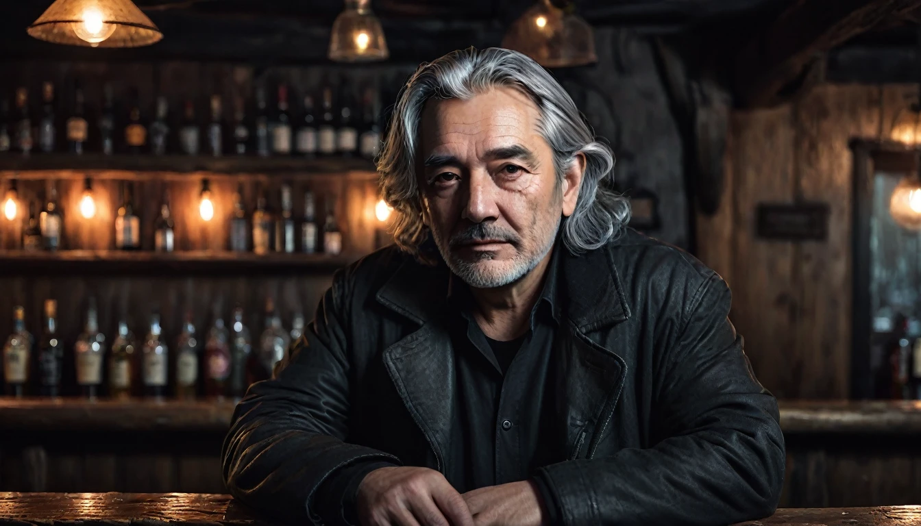 Middle-aged man, dark eyes, scar on his face, gray hair and black clothes. Sitting in the rustic bar drinking dark whiskey with low light, spooky atmosphere, cold night