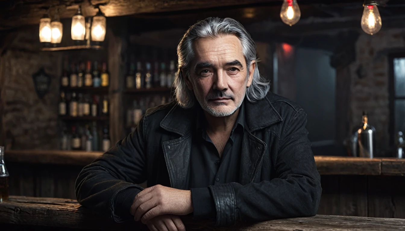 Sir, a middle-aged man with a scar on his face, gray hair and black clothes. Sitting at the bar in gloomy rustic with low light, spooky atmosphere cold night