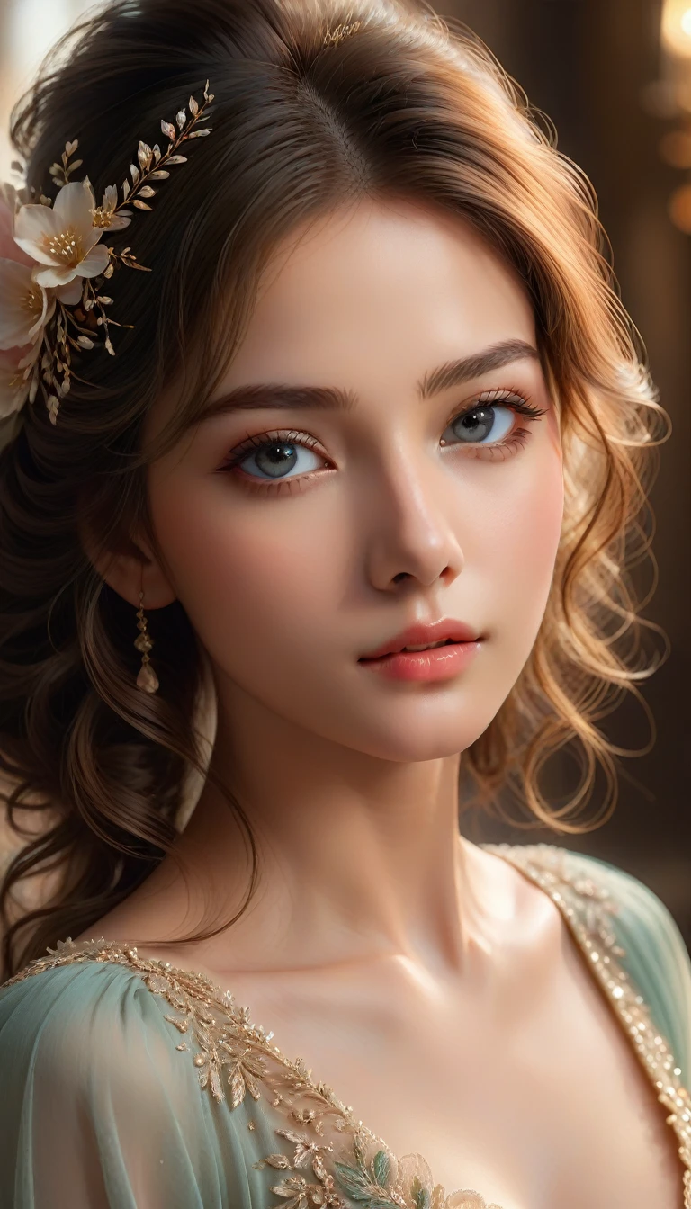 1girl, detailed gorgeous face, delicate features, beautiful detailed eyes, beautiful detailed lips, extremely detailed face, long eyelashes, elegant hairstyle, intricate hair ornaments, flowing dress, graceful pose, serene expression, ethereal beauty, soft lighting, warm color palette, chiaroscuro lighting, cinematic composition, digital painting, highly detailed, photorealistic, 8k, masterpiece