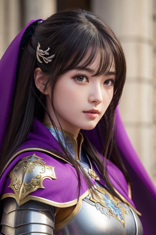 Close-up of a woman in armor and a purple cape, Koei Tecmo, Zhao Yun, China&#39;Three Kingdoms, Bianlian, Genghis Khan, Feng Shui, ponytail, Xianxia Hero, Chinaの戦士,