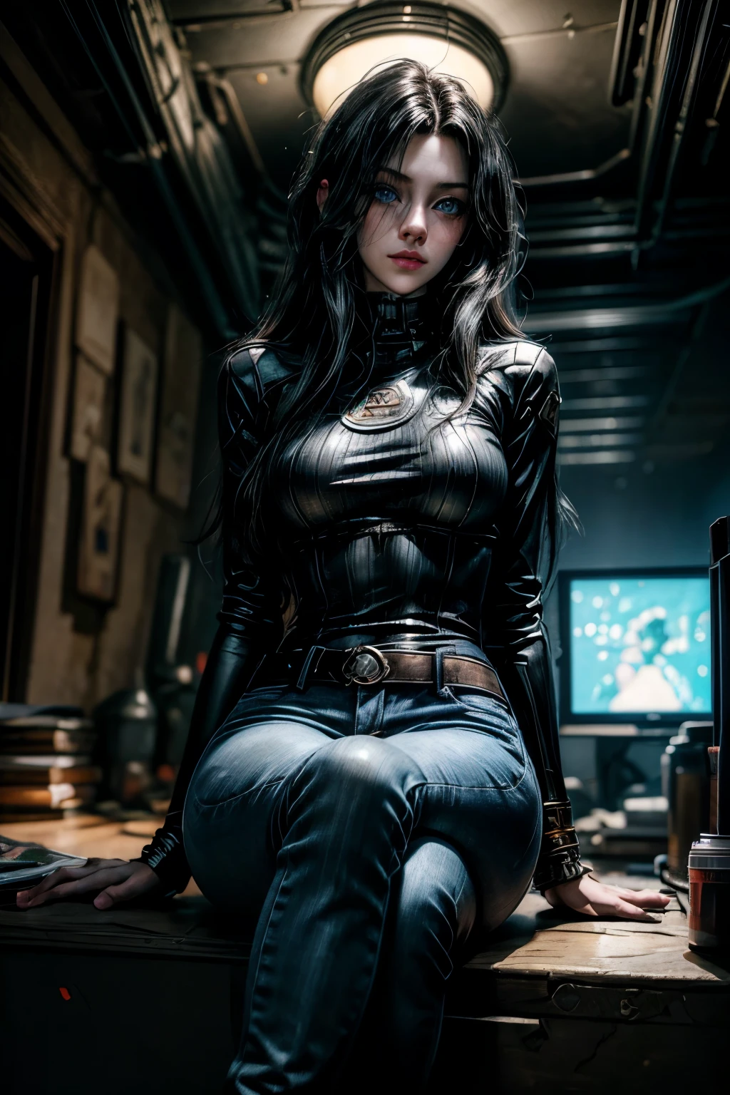 solo, 1girl, extremely fine and beautiful, photorealistic, super fine illustration, (realistic skin), (insanely detailed anime eyes), (blue eyes), mature, goddess, milf, vivid and beautiful, shocking sensation, incredibly detailed, beautiful detailed woman, (sensual), (luscious lips), realistic eyes, realistic face, (high waisted jeans, white blouse, oversized long coat, black shoes), (lithe), Sasha Yakovleva, Cyberpunk 2077, Edgerunner, Night City, Cyberpunk character concept art, parted lips, small smile, aroused gaze, (thin waist:0.8), (wide hips:0.8), (large—medium supple breasts:0.8), (plump thighs:0.6), movie lighting, weighted shadows, ((weighted black hair)), realistic physics, dark shadows, realistic lighting, shaded, cyberpunk interior living room scenery