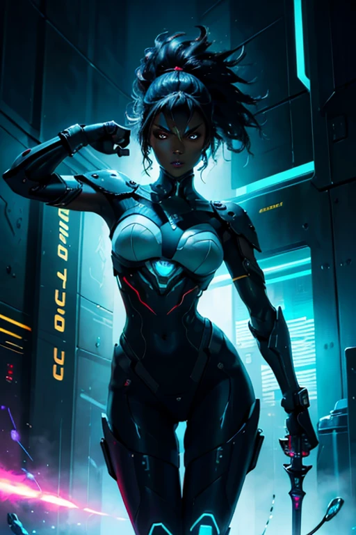An image of a determined dark-skinned woman wielding a glowing sword in a fierce battle against robotic adversaries, under dramatic neon lighting, extremely detailed, ultra realistic, 10k high resolution, in the style of digital art, oil painting, and charcoal sketching, influenced by Cyberpunk Art, Expressionism, and Futurism.