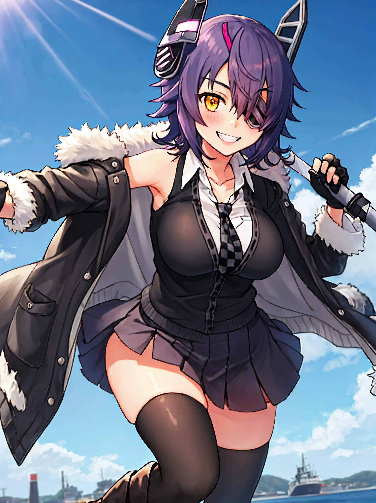 best quality, masterpiece, solo, {tenryuu_kantaicollection:1.}, teirl, eyepatch, short_hair, purple_hair, yellow_eyes, headgear, breasts, necktie, large_breasts, smile, 1girl, blush, checkered_necktie, hair_over_one_eye, shirt, collared_shirt, white_shirt, jacket, sleeveless, brown_eyes, fur-trimmed_jacket, fur_trim, collarbone, looking_at_viewer, pocket, breast_pocket, ,, messy_hair, black_gloves, gloves, partially_fingerless_gloves,harbor_road_landscape_background,outdoor,short_skirt,thigh-highs,boots,sunlight,from_below,solo