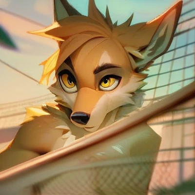 furry, coyote, male, yellow eyes, fluffy, beige fur