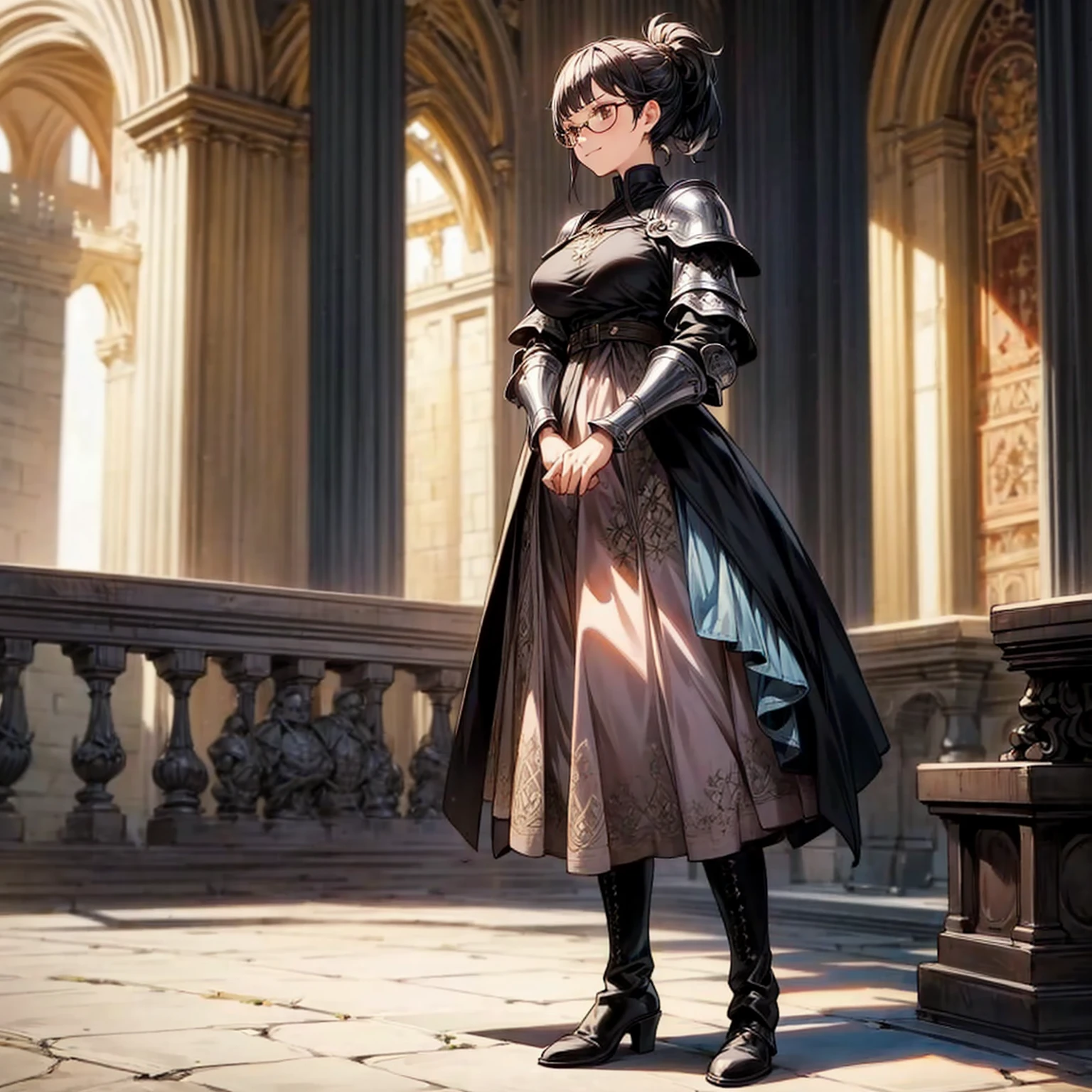 Solo character, full body version, girl, short hair, ponytail, black color hair, brown eyes, Round glasses, medieval soldier clothing, heavy armor, pink long dress, black boots, detailed shadow, (black clover style art), indoor, Castle, gesture bodyguard, sad eyes, smile mouth, Big breasts, high lighting effect 