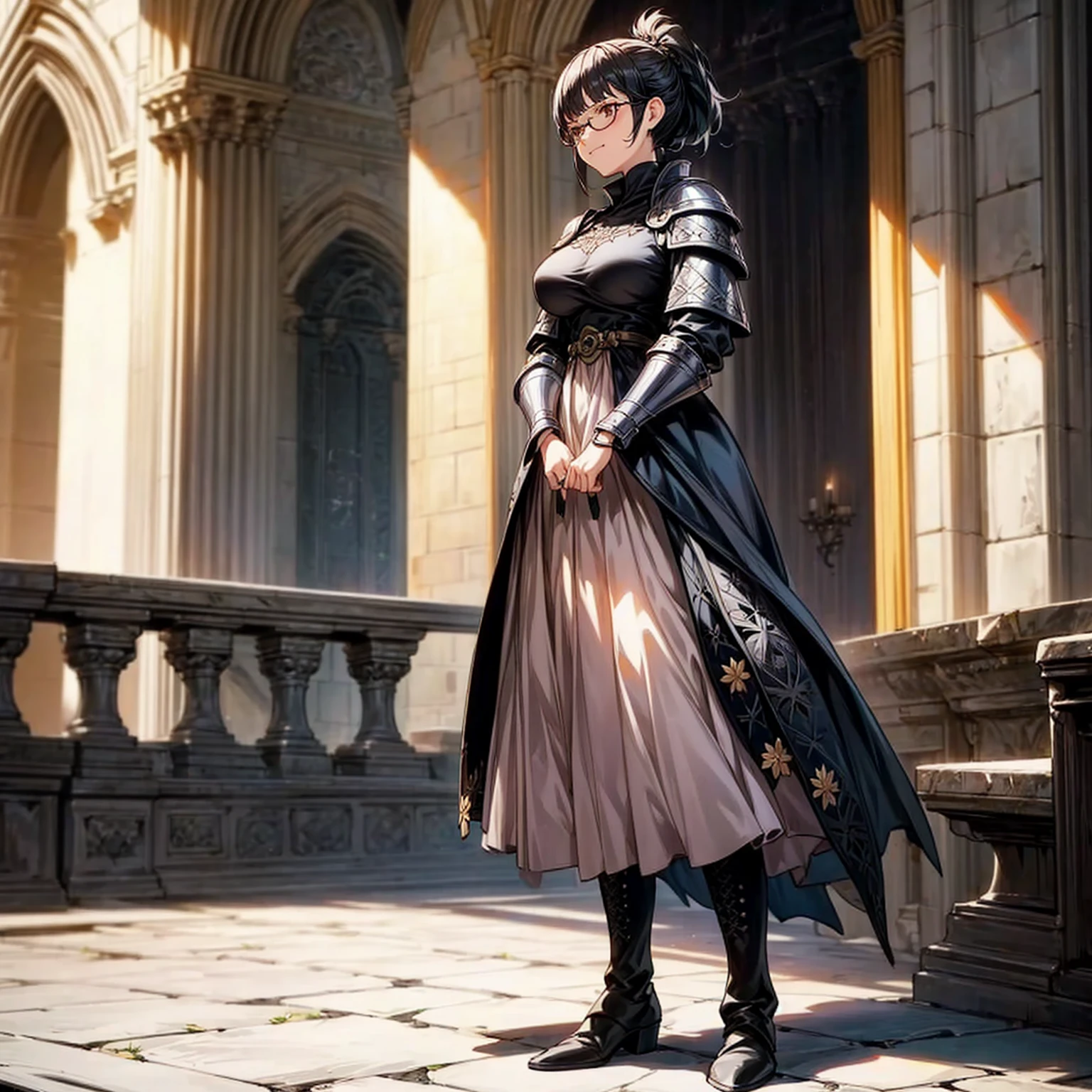 Solo character, full body version, girl, short hair, ponytail, black color hair, brown eyes, Round glasses, medieval soldier clothing, heavy armor, pink long dress, black boots, detailed shadow, (black clover style art), indoor, Castle, gesture bodyguard, sad eyes, smile mouth, Big breasts, high lighting effect 