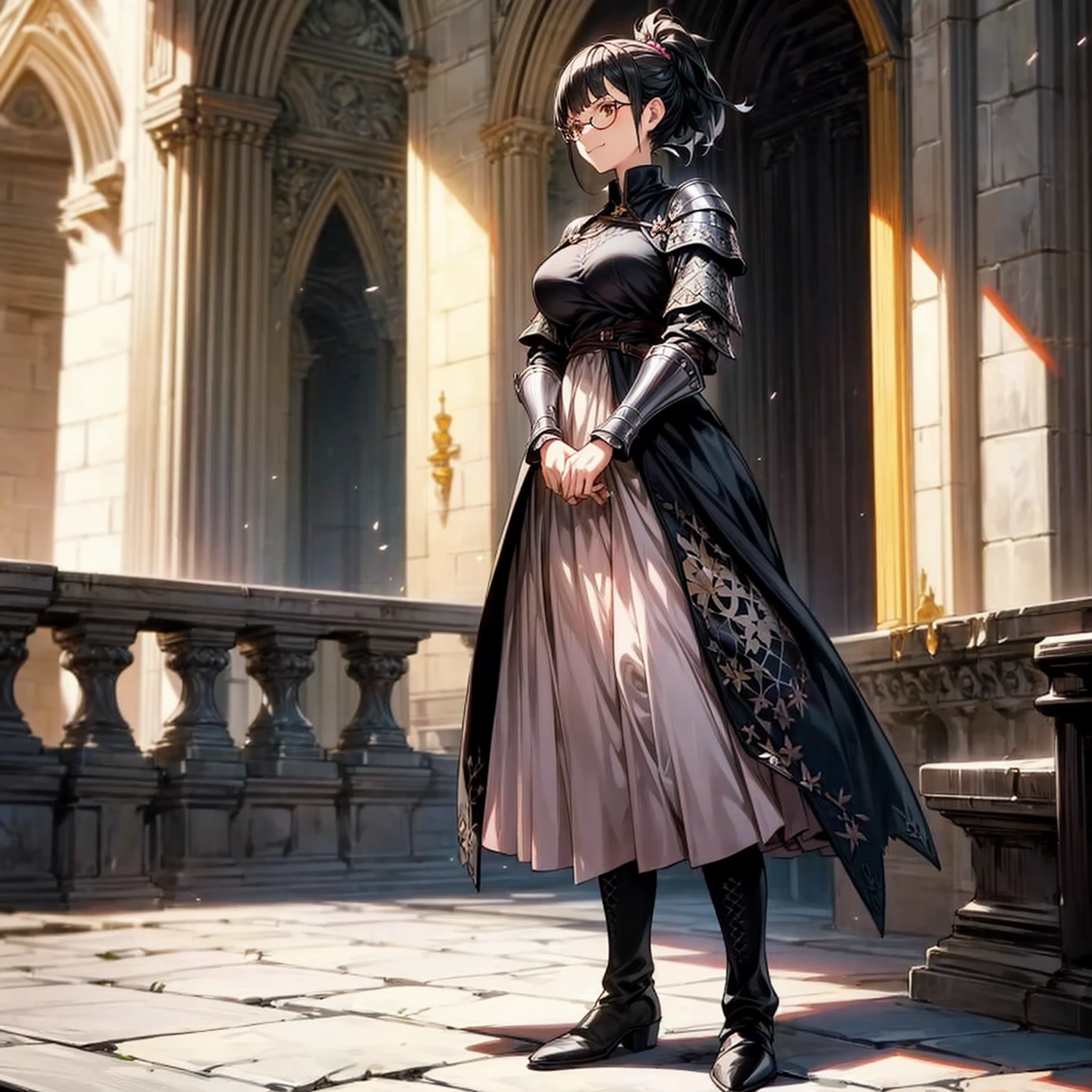 Solo character, full body version, girl, short hair, ponytail, black color hair, brown eyes, Round glasses, medieval soldier clothing, heavy armor, pink long dress, black boots, detailed shadow, (black clover style art), indoor, Castle, gesture bodyguard, sad eyes, smile mouth, Big breasts, high lighting effect 