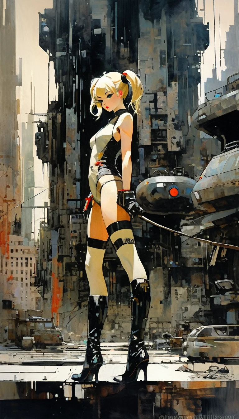 Future sexy asian blonde girl with twin-tails in a futuristic city.1.5, rusty metal city, lots of details, cars, buildings, billboards, nude and very tight tank top, red latex thigh high stocking extreme-highheel-wedge boots , standing pose (Dave Mckean inspired art, intricate details, oil painting)
