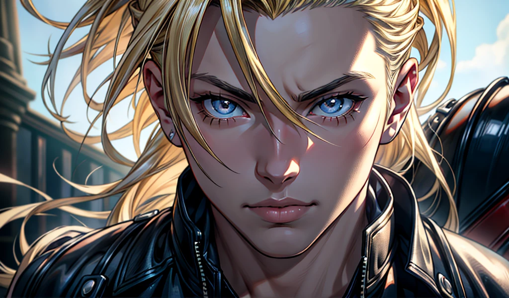 A detailed, high-quality anime portrait of Edward Elric from Fullmetal Alchemist, extremely detailed facial features, beautiful detailed eyes, beautiful detailed lips, long eyelashes, intricate hairstyle, leather jacket, determined expression, cinematic lighting, vibrant colors, dramatic atmosphere, digital painting, masterpiece, ultra-detailed, 8k, photorealistic