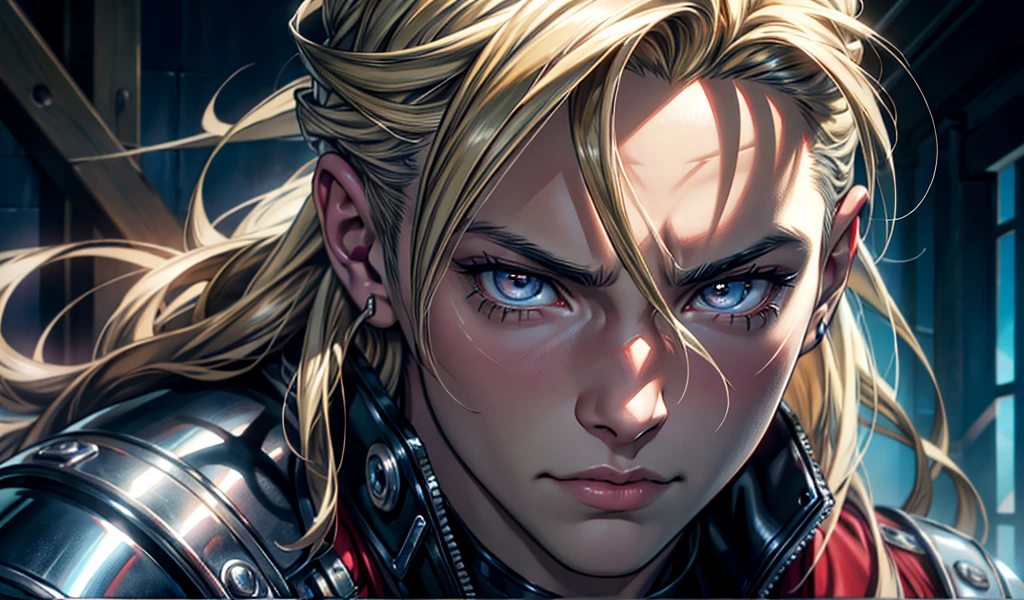 A detailed, high-quality anime portrait of Edward Elric from Fullmetal Alchemist, extremely detailed facial features, beautiful detailed eyes, beautiful detailed lips, long eyelashes, intricate hairstyle, leather jacket, determined expression, cinematic lighting, vibrant colors, dramatic atmosphere, digital painting, masterpiece, ultra-detailed, 8k, photorealistic