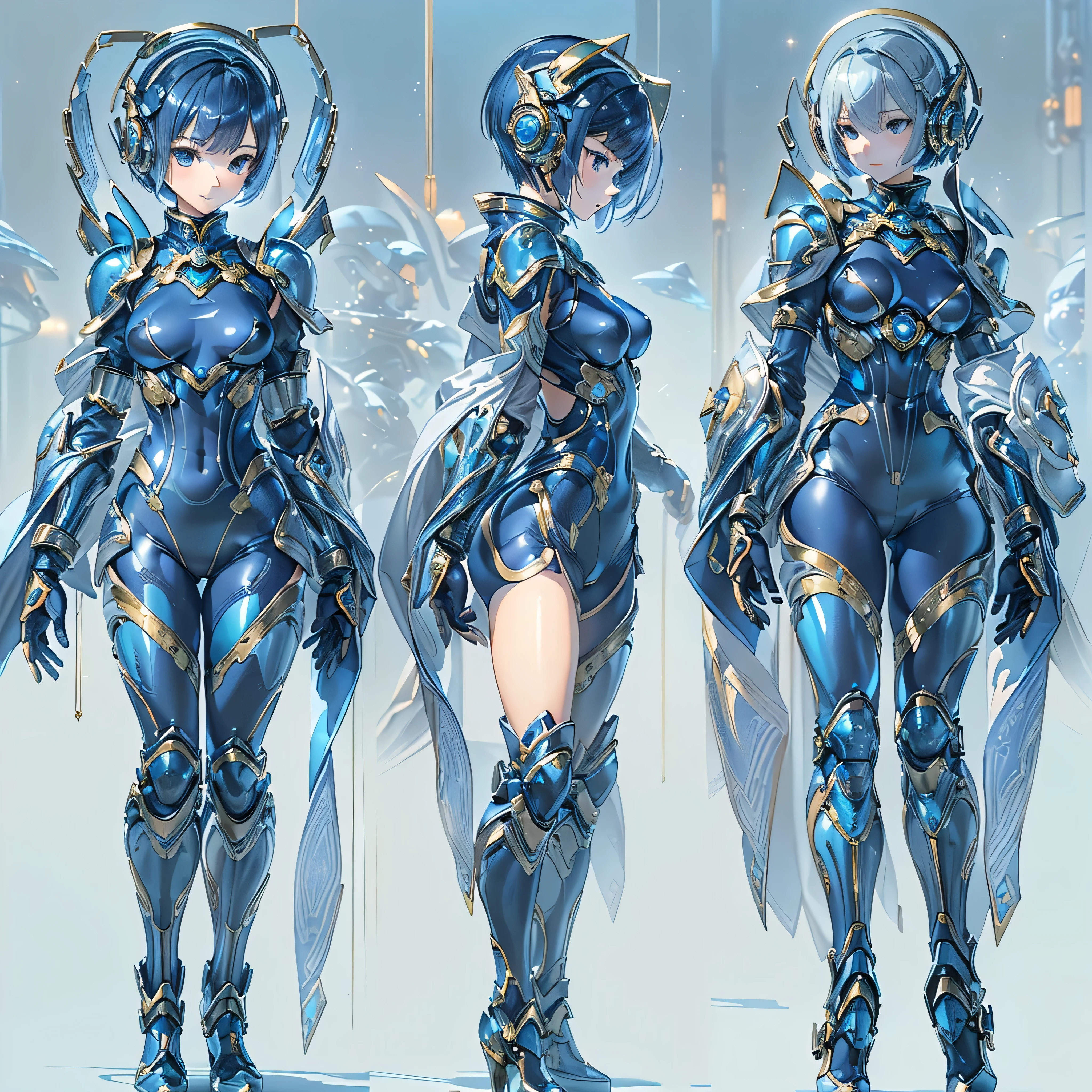 (masterpiece、Highest quality、Highest Resolution、Clear_image、Detailed details、Angle from above): (Whole body、One 20 year old girl、Japanese Faces、Small Face、Slender、Navy blue super short bob cut hair、(Hidden small breasts:1.3)、Sparkling blue eyes、Shiny pilot suit in blue and black colors、Chest protection armor、Tight fitting clothes、Clothing that covers the whole body、Glamorous clothes、Tight Fit Pants、Hide your skin、Very delicate and beautiful、Detailed Skin、hide thighs、Hide your ass、Cute、A gentle smile、Soft expression、heroine、headset、Knee-high boots、Elbow-length gloves、Eye Level Shot、Face directly、Woman on a spaceship)
