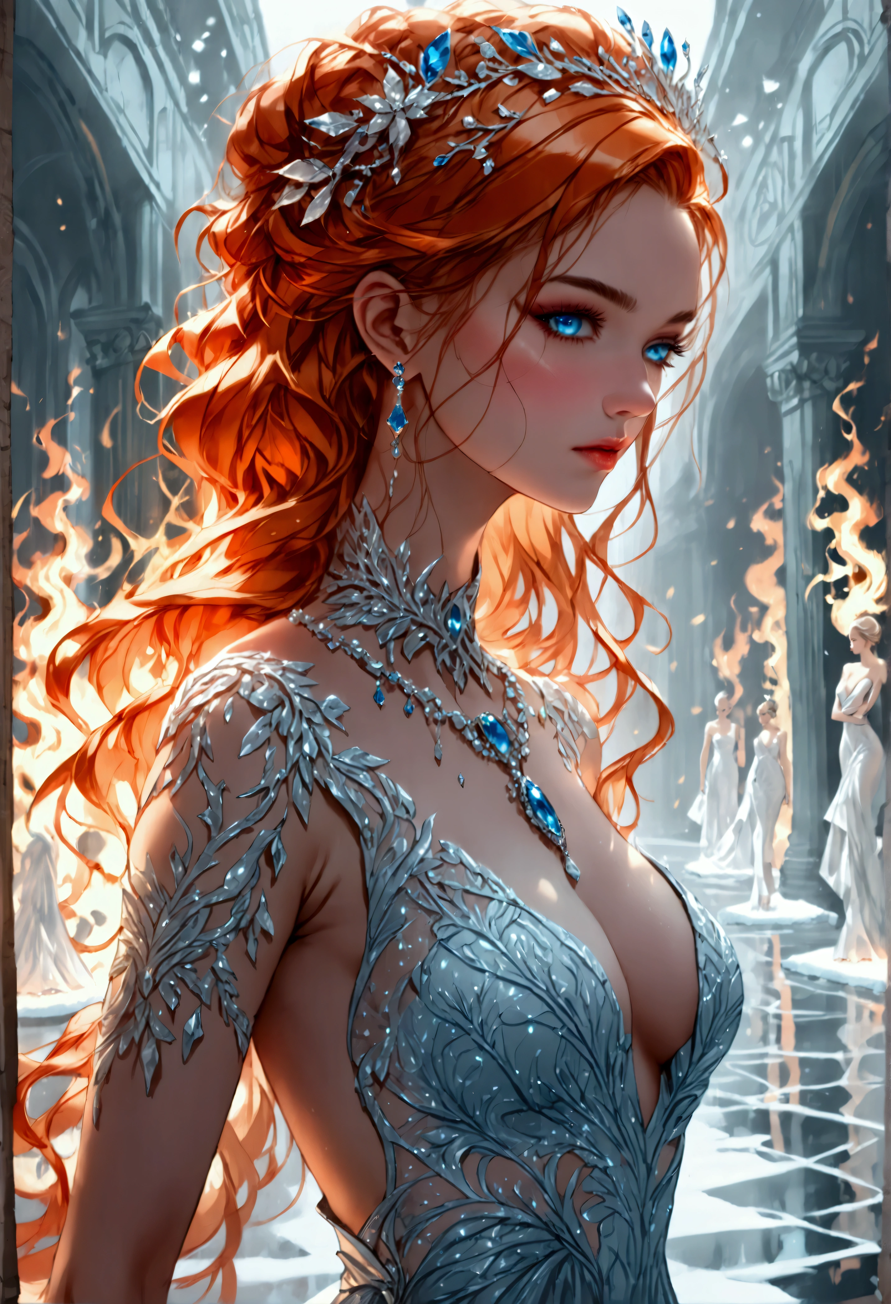 a glamour picture shot, of an elite model covered in fire walking on a icy catwalk, an extraordinary glamourous elite female model, ((full body: 1.5)),  ((anatomically correct: 1.5), (ultra detailed face: 1.2), best detailed face, orange hair, long hair, lush hair, glam hair cut, blue eyes, delicate face, light make up, wearing intricate detailed dress, glamour dress, haute couture dress, elite fashion dress, FireMagicAI,  small cleavage, wearing high heels, elegant high heels, she wears diamond necklace, she is covered in fire, she walks on an icy catwalk, image reflecting in the ice IceMagicAI, elite fashion show background, vibrant, Hyperrealism style, vibrant, Ultra-high resolution, High Contrast, (masterpiece:1.5), highest quality, Best aesthetics), best details, best quality, highres, ultra wide angle, 16k, [ultra detailed], masterpiece, best quality, (extremely detailed) RAW, FireMagicAI, IceMagicAI, Dark Art Painting Style