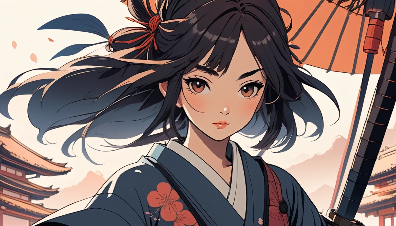 Female samurai, Wide-angle lens, Lofi Anime, Lofi illustration, Aesthetic atmosphere, Lo-Fi Style, Vector art, Flat Design, Simple shape, Warm tones, Pleasant atmosphere, Chill, In anime style, Digital drawing, Vector art, Vector logo for t-shirt printing, (Adorable:1.5), (small:1.4), (Playful:1.2), (soft:1.3), (Whimsical:1.1), masterpiece, Highest quality, 8k, Intricate details, grow, Celestial, Mysterious, Picturesque, amazing, Majestic, Magic, Fantasy art, Cover art, dream-like