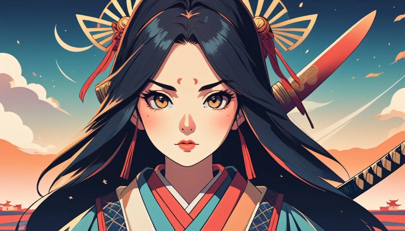 Female samurai, Wide-angle lens, Lofi Anime, Lofi illustration, Aesthetic atmosphere, Lo-Fi Style, Vector art, Flat Design, Simple shape, Warm tones, Pleasant atmosphere, Chill, In anime style, Digital drawing, Vector art, Vector logo for t-shirt printing, (Adorable:1.5), (small:1.4), (Playful:1.2), (soft:1.3), (Whimsical:1.1), masterpiece, Highest quality, 8k, Intricate details, grow, Celestial, Mysterious, Picturesque, amazing, Majestic, Magic, Fantasy art, Cover art, dream-like