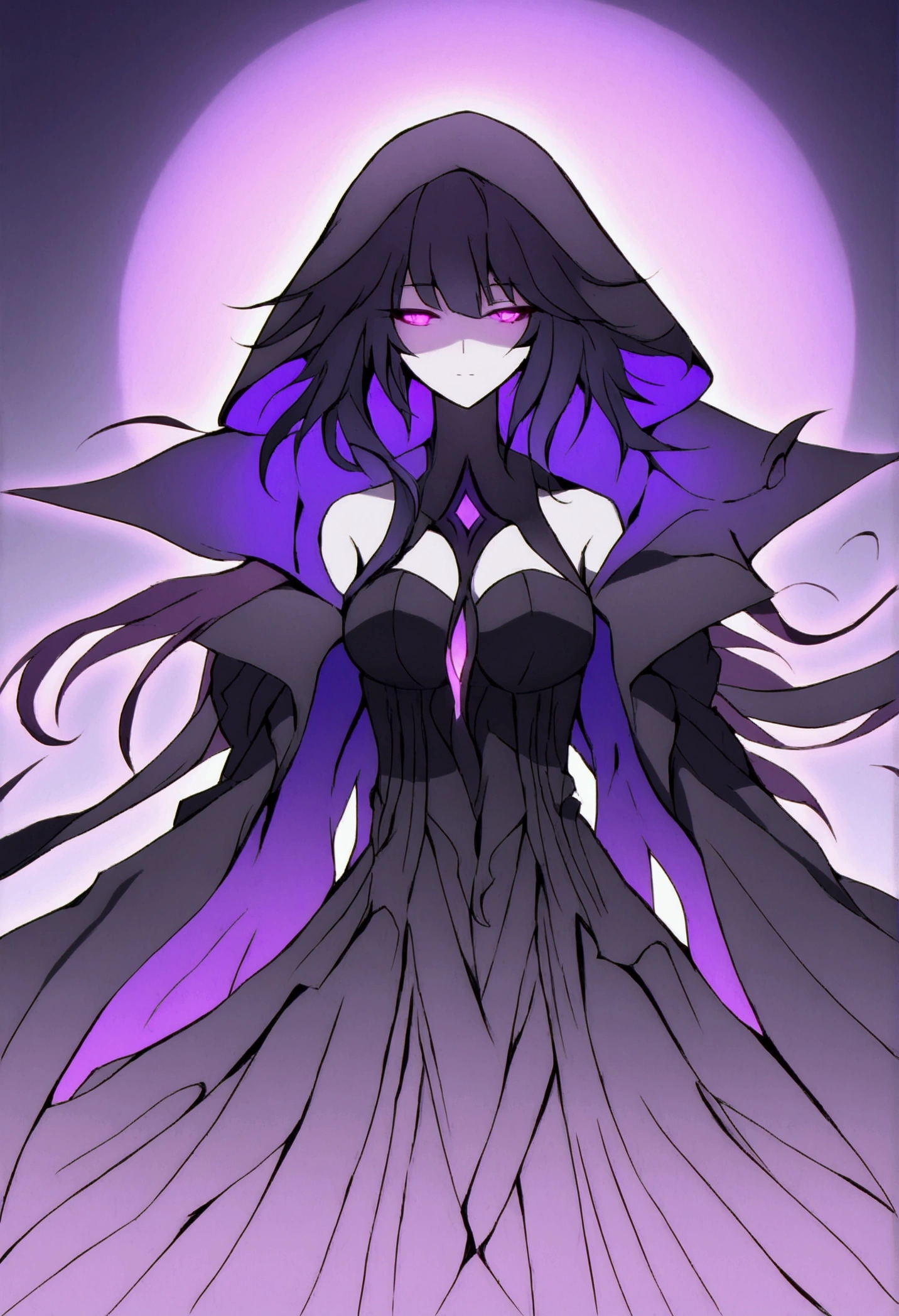 She wears flowing, dark robes with a deep hood that partially obscures her face, reminiscent of the shadowy aesthetic from 'The Eminence in Shadow.' Ensure that her face is visible and expressive, with striking features that convey both beauty and intimidation. Her color theme is black and purple, with the robes appearing tattered and merging with the surrounding shadows. The overall look should balance her ghostly, ethereal presence with a visible, compelling expression that showcases her mysterious and chaotic aura.