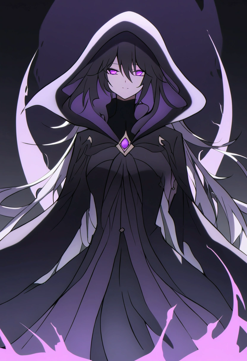 She wears flowing, dark robes with a deep hood that partially obscures her face, reminiscent of the shadowy aesthetic from 'The Eminence in Shadow.' Ensure that her face is visible and expressive, with striking features that convey both beauty and intimidation. Her color theme is black and purple, with the robes appearing tattered and merging with the surrounding shadows. The overall look should balance her ghostly, ethereal presence with a visible, compelling expression that showcases her mysterious and chaotic aura.