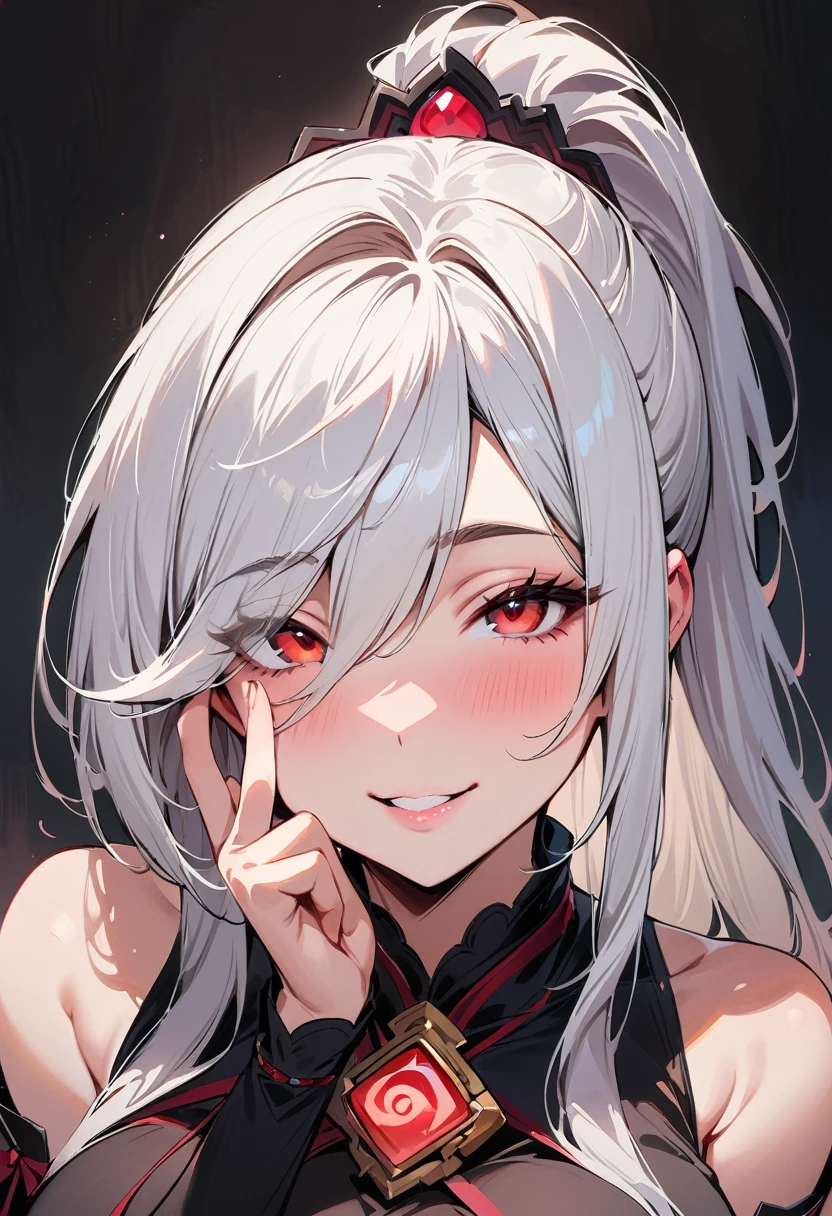(masterpiece, best quality:1.4), 1 girl, 独奏, Red pupil, Blurred eyes, Smile, Look up and down, Pink lower lip, Left index finger touching face, Silver asymmetrical hairstyle, Long bangs on one side, High ponytail royal sister, Huge breasts, Black dress dress, Vision, black background.