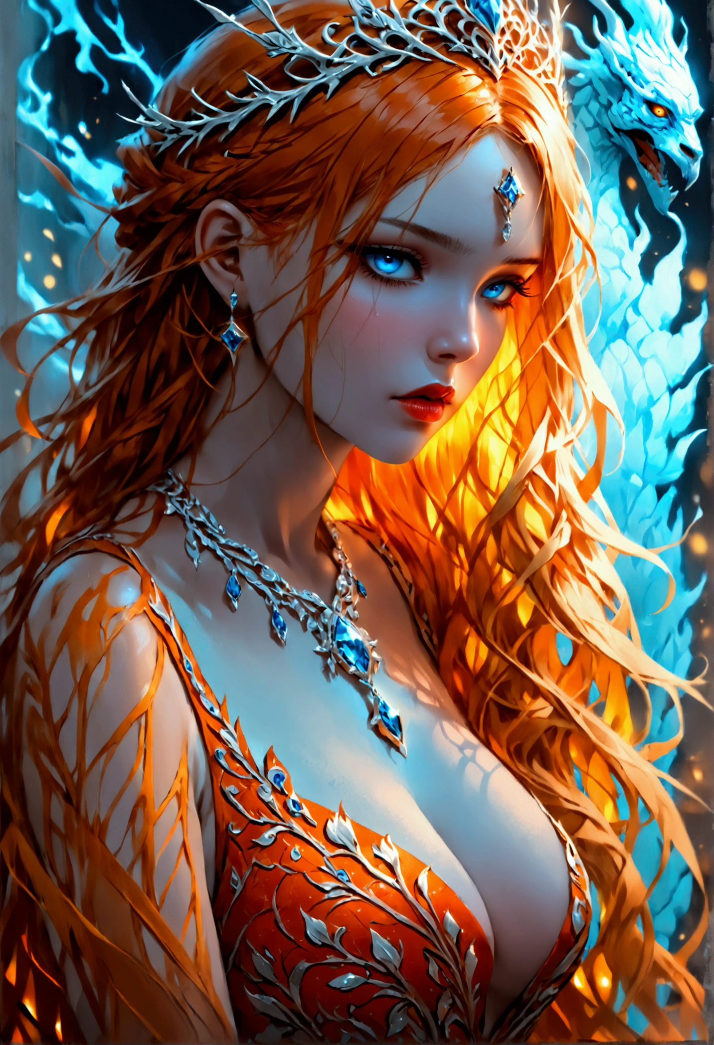 a glamour picture shot, of an elite model covered in fire walking on a icy catwalk, an extraordinary glamourous elite female model, ((full body: 1.5)),  ((anatomically correct: 1.5), (ultra detailed face: 1.2), best detailed face, orange hair, long hair, lush hair, glam hair cut, blue eyes, delicate face, light make up, wearing intricate detailed dress, glamour dress, haute couture dress, elite fashion dress, FireMagicAI,  small cleavage, wearing high heels, elegant high heels, she wears diamond necklace, she is covered in fire, she walks on an icy catwalk, image reflecting in the ice IceMagicAI, elite fashion show background, vibrant, Hyperrealism style, vibrant, Ultra-high resolution, High Contrast, (masterpiece:1.5), highest quality, Best aesthetics), best details, best quality, highres, ultra wide angle, 16k, [ultra detailed], masterpiece, best quality, (extremely detailed) RAW, FireMagicAI, IceMagicAI, Dark Art Painting Style