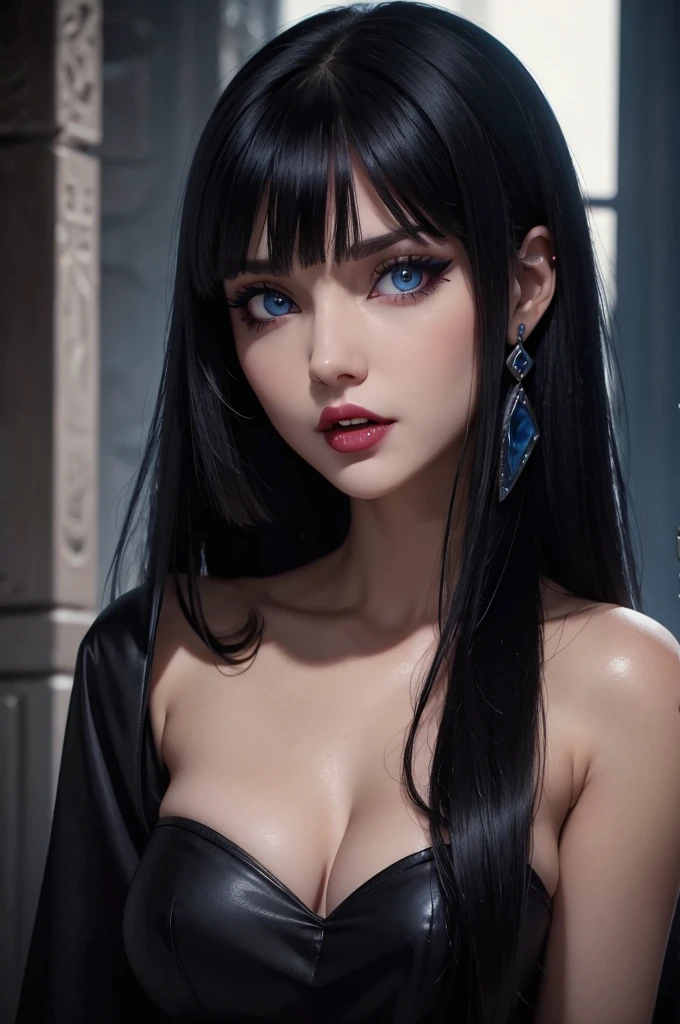 Attractive girl with big blue eyes, Caucasian skin, eyeliner and open mouth showing vampire fangs, short black hair with bangs bob voluminous lips thin nose image 1.2 Amazing 12k High Resolution Gothic Makeup Fanart
