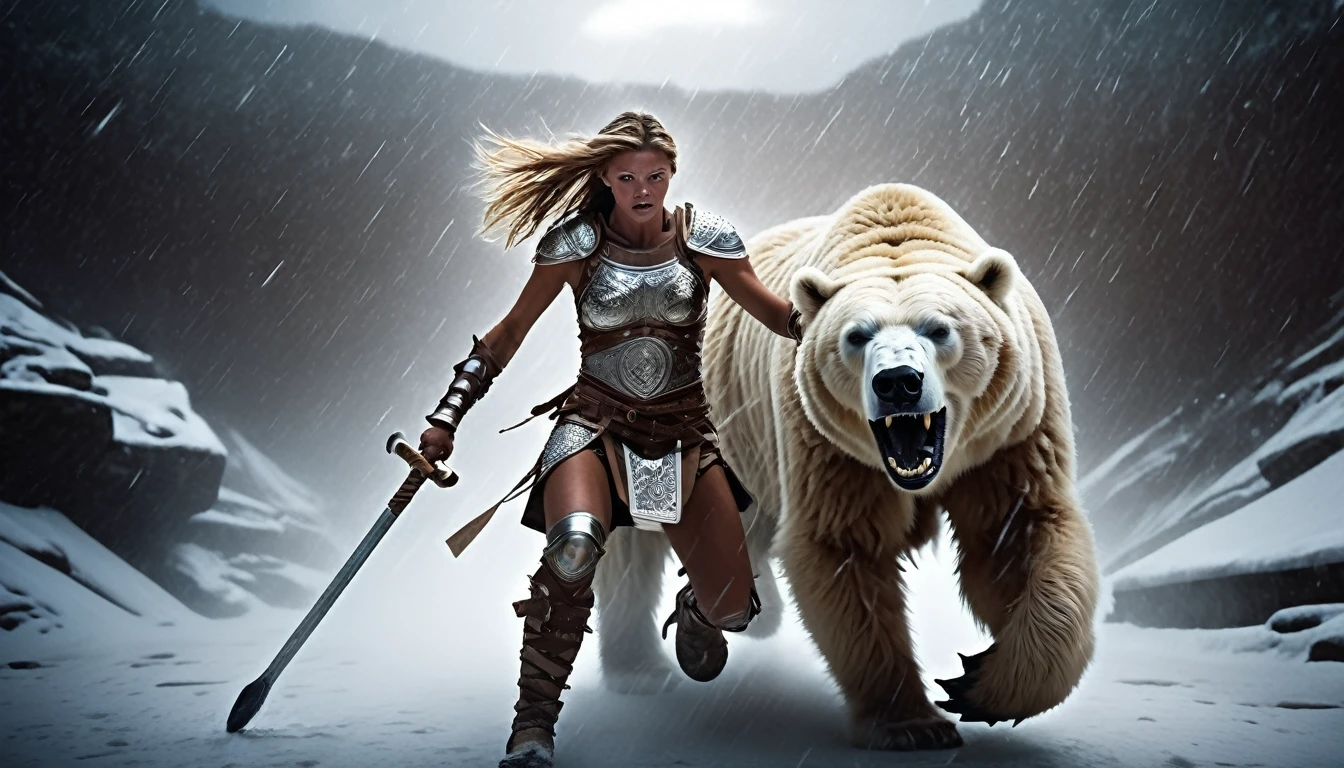 a cinematic photo of a cinematic photo of a cinematic photo of a cinematic photo of a cinematic photo of a cinematic photo taken at a low angle, of digital art depicting a dramatic scene with a female gladiator, riding a huge armored snow bear, attacking aggressively towards the viewer with a war cry taunt, wielding a shiny high-tech battle ax and a fierce facial expression, dominating the center. She wears metallic armor, illuminated by neon and with a complex design, amidst a setting of medieval times, pure Norse mythology, illuminated by neon, with neon lights reflected on the wet, metallic floor. The gladiator has a powerful and athletic figure, illuminated by dramatic cinematic lighting, emphasizing her dynamic movement, with subtle, organic textures and natural shadows, an epic medieval Norse scene, pure magic of a powerful Norse warrior.