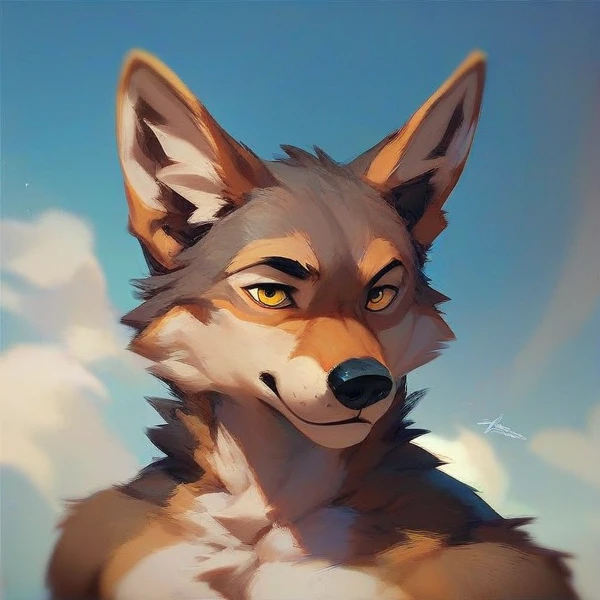 furry, coyote, male, yellow eyes, fluffy, beige fur , head view