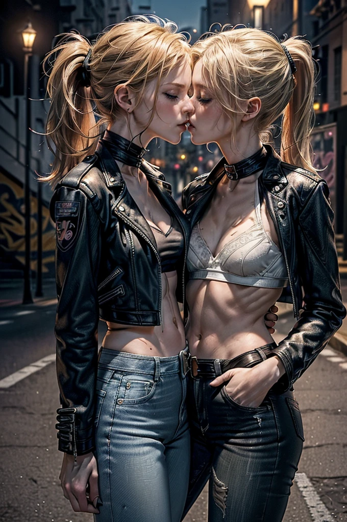 (Detailed illustrations, Very detailed and detailed drawing, Delicate lines with slow and rapid, Realistic texture expression), Two women with long blond or ginger hair, ponytail or messy hair, (((passionate kissing))), kiss, (((eyes closed))), (((closed eyes))), erotic, (((one girl is touching the other sensually and grabbing her crotch))), ((intimate)), ((((hand in pants)))), ((empty street playground background with graffiti)), (((night time, street light))), standing in the street, (((very skinny figure, very thin waist, very narrow hips, very slim legs, large breast, athletic body))), lesbian, punk, ((white bra)), exposed midriff, (((high waist jeans))), ((navel piercing)), strong abs, ((black collars)), ((((small open leather jacket)))), ((black or brown leather belt))