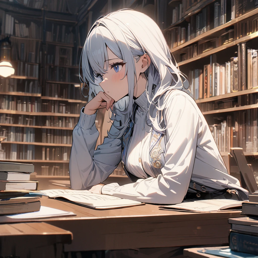 (1girl), (ultra detailed), thinking, library, thoughtful, (Masterpiece), (Best quality), (8k)