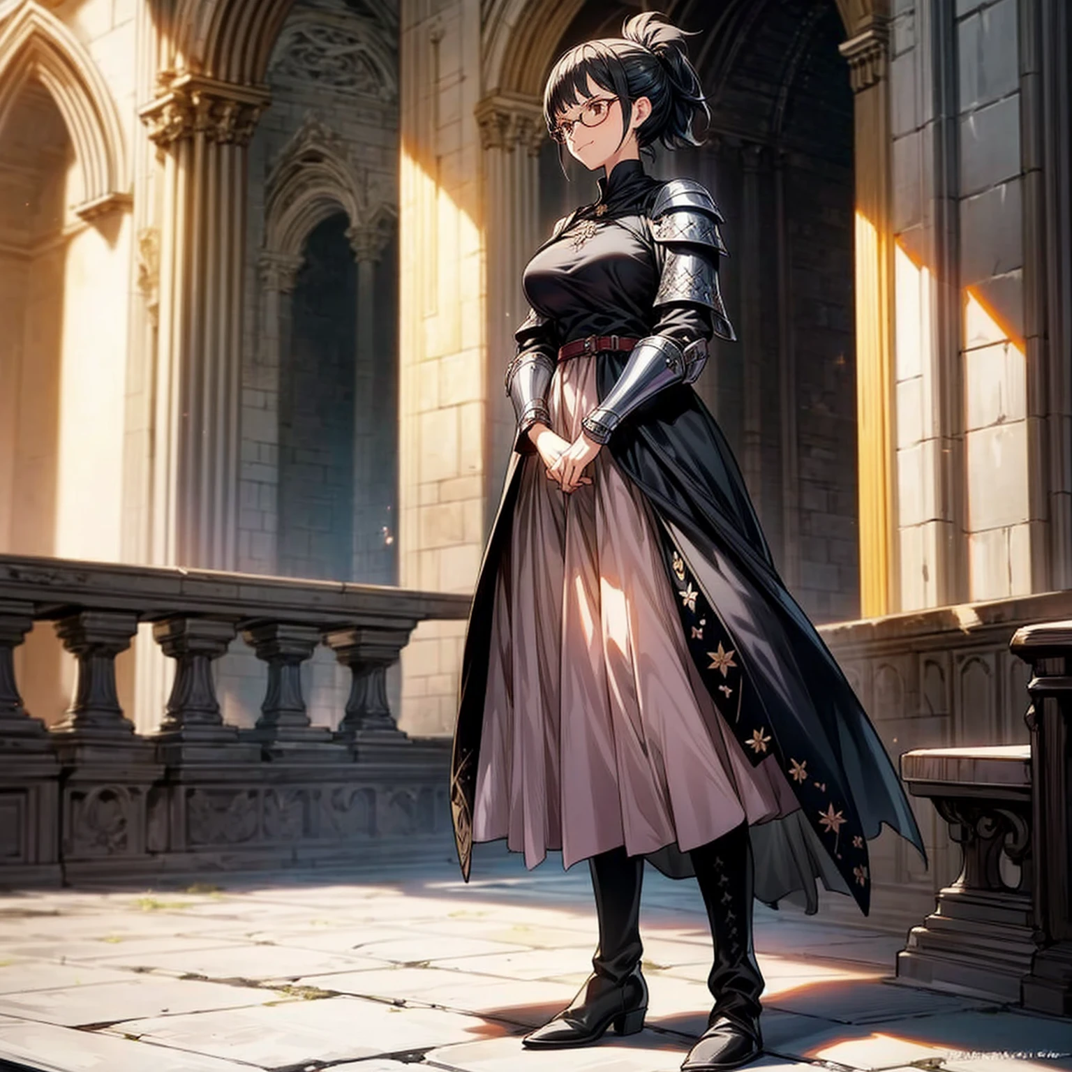 Solo character, full body version, girl, short hair, ponytail, black color hair, brown eyes, Round glasses, medieval soldier clothing, heavy armor, pink long dress, black boots, detailed shadow, (black clover style art), indoor, Castle, gesture bodyguard, sad eyes, smile mouth, Big breasts, high lighting effect 