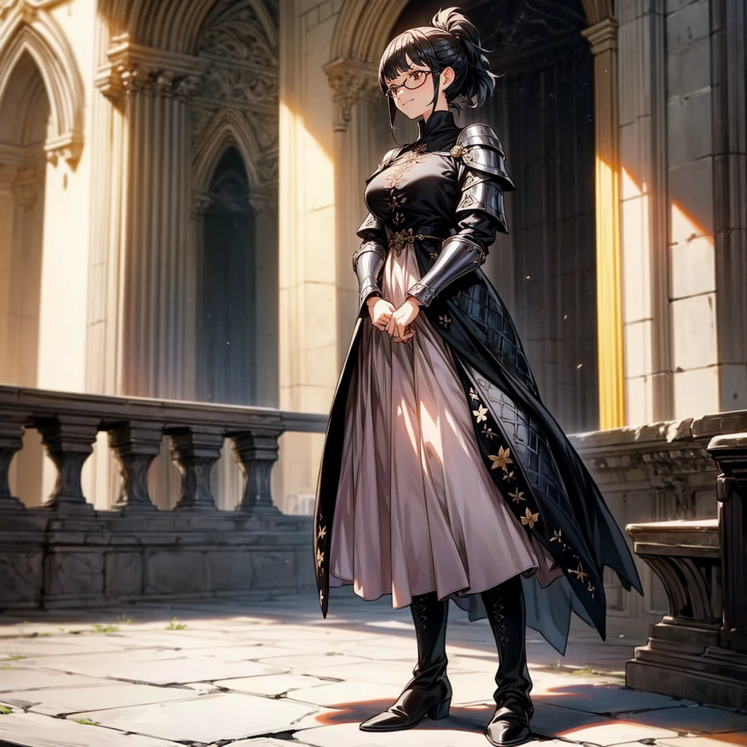 Solo character, full body version, girl, short hair, ponytail, black color hair, brown eyes, Round glasses, medieval soldier clothing, heavy armor, pink long dress, black boots, detailed shadow, (black clover style art), indoor, Castle, gesture bodyguard, sad eyes, smile mouth, Big breasts, high lighting effect 