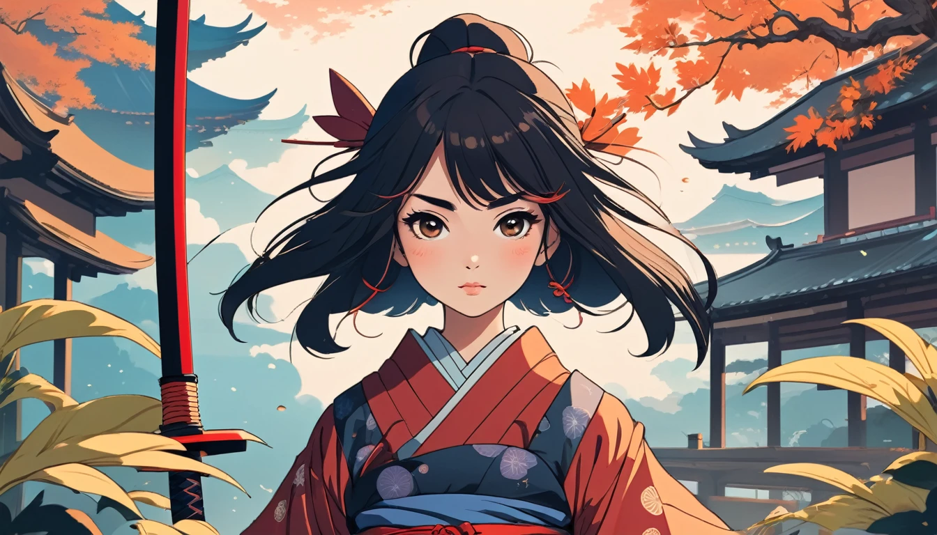 Female samurai, Wide-angle lens, Lofi Anime, Lofi illustration, Aesthetic atmosphere, Lo-Fi Style, Vector art, Flat Design, Simple shape, Warm tones, Pleasant atmosphere, Chill, In anime style, Digital drawing, Vector art, Vector logo for t-shirt printing, (Adorable:1.5), (small:1.4), (Playful:1.2), (soft:1.3), (Whimsical:1.1), masterpiece, Highest quality, 8k, Intricate details, grow, Celestial, Mysterious, Picturesque, amazing, Majestic, Magic, Fantasy art, Cover art, dream-like