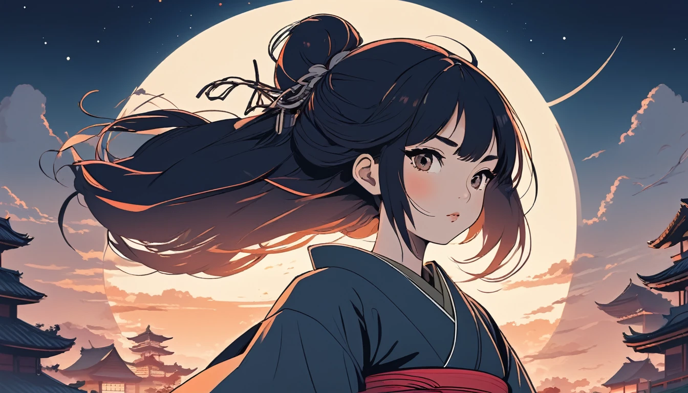 Female samurai, Wide-angle lens, Lofi Anime, Lofi illustration, Aesthetic atmosphere, Lo-Fi Style, Vector art, Flat Design, Simple shape, Warm tones, Pleasant atmosphere, Chill, In anime style, Digital drawing, Vector art, Vector logo for t-shirt printing, (Adorable:1.5), (small:1.4), (Playful:1.2), (soft:1.3), (Whimsical:1.1), masterpiece, Highest quality, 8k, Intricate details, grow, Celestial, Mysterious, Picturesque, amazing, Majestic, Magic, Fantasy art, Cover art, dream-like