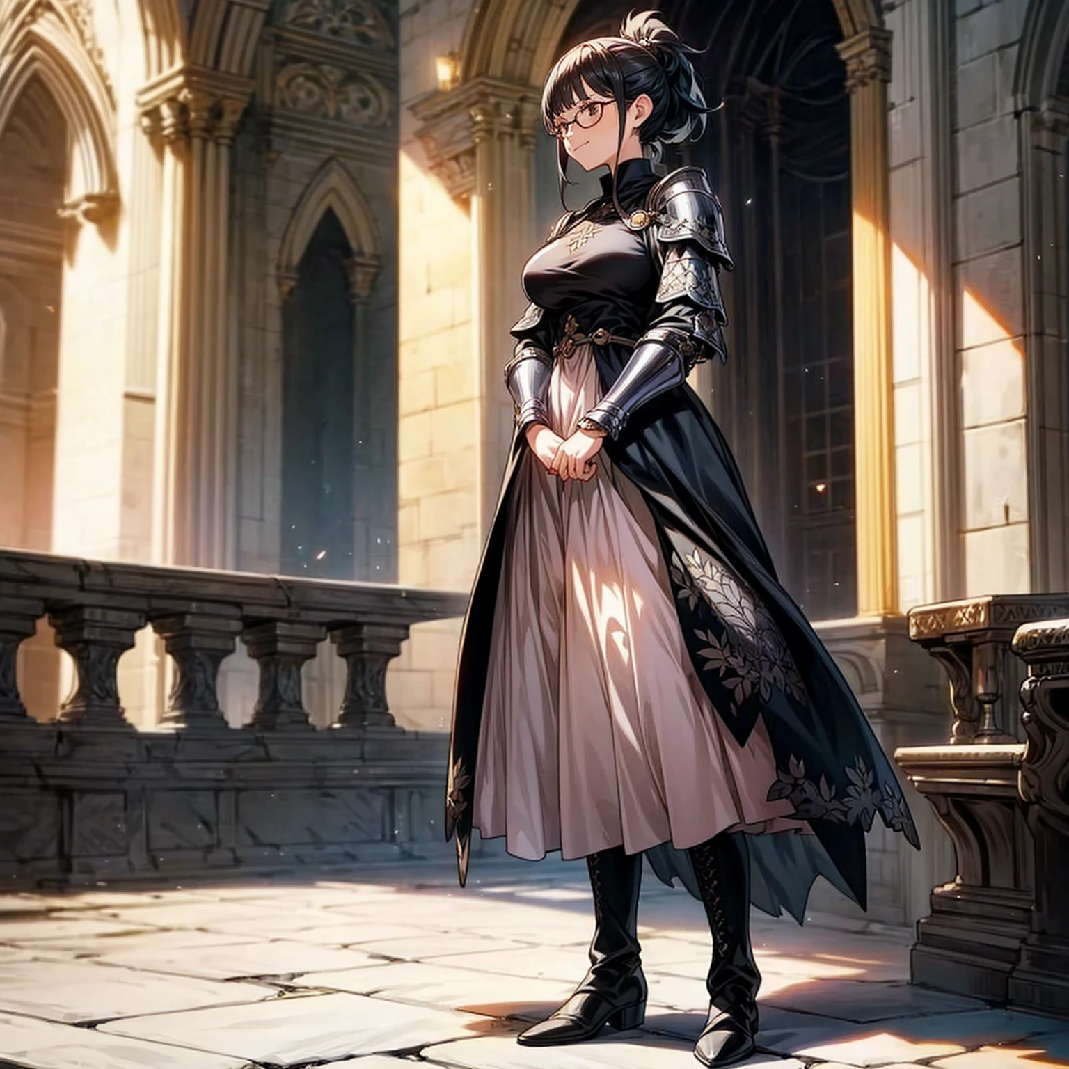 Solo character, full body version, girl, short hair, ponytail, black color hair, brown eyes, Round glasses, medieval soldier clothing, heavy armor, pink long dress, black boots, detailed shadow, (black clover style art), indoor, Castle, gesture bodyguard, sad eyes, smile mouth, Big breasts, high lighting effect 