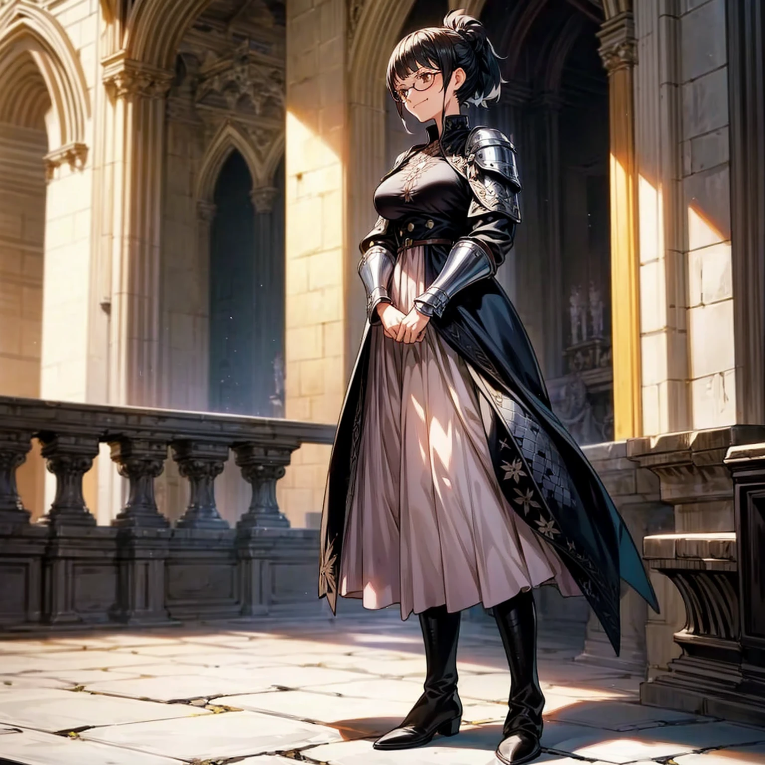 Solo character, full body version, girl, short hair, ponytail, black color hair, brown eyes, Round glasses, medieval soldier clothing, heavy armor, pink long dress, black boots, detailed shadow, (black clover style art), indoor, Castle, gesture bodyguard, sad eyes, smile mouth, Big breasts, high lighting effect 