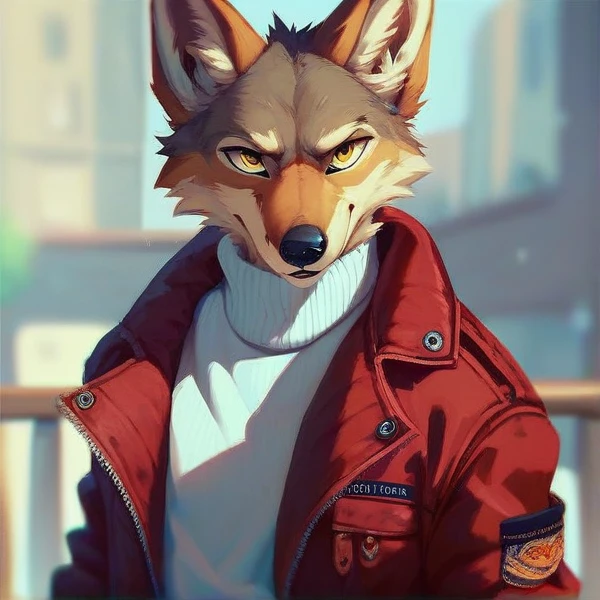 furry, coyote, male, yellow eyes, fluffy, beige fur , head view, white turtleneck, red Jacket