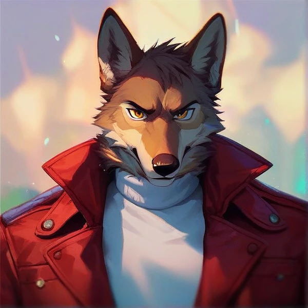 furry, coyote, male, yellow eyes, fluffy, beige fur , head view, white turtleneck, red Jacket