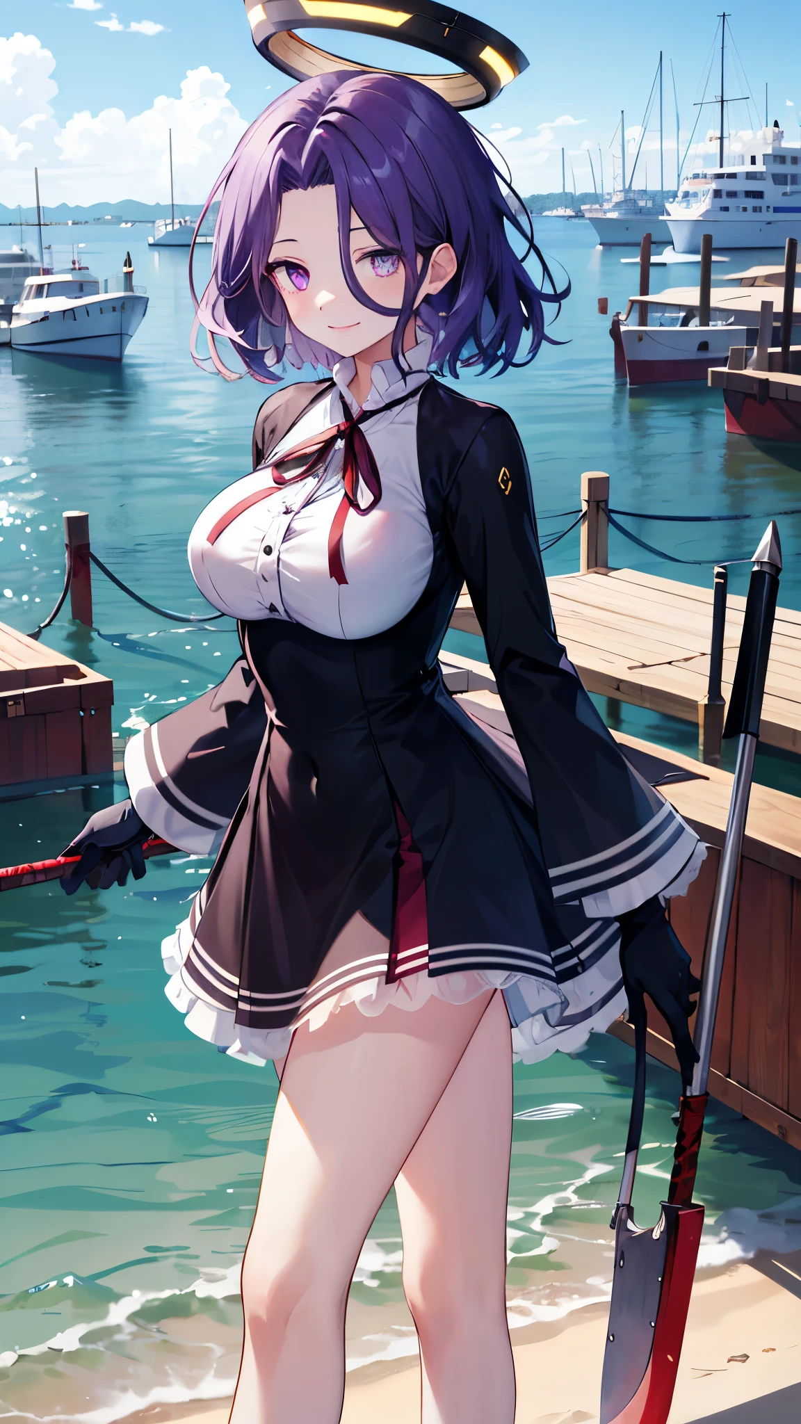 masterpiece, best quality, highres, mechanical halo, (big_breasts:1.2), black dress, neck ribbon, long sleeves, black gloves, outdoors, cowboy shot, standing, holding weapon, polearm,smile,,harbor_town_landscape,purple_halfeyes,(scornful eyes:1.4)
