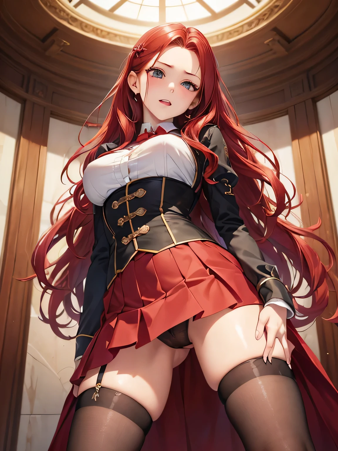 (masterpiece、Realistic woman),(Detailed and accurate face),Stand with your legs apart、18-year-old、(Red hair、Wavy Hair、Long Hair、Forehead),(blouse、skirt,stockings)Beautiful Eyes、sexy、(Ecstasy face)、(Hands on crotch)、sfw、living