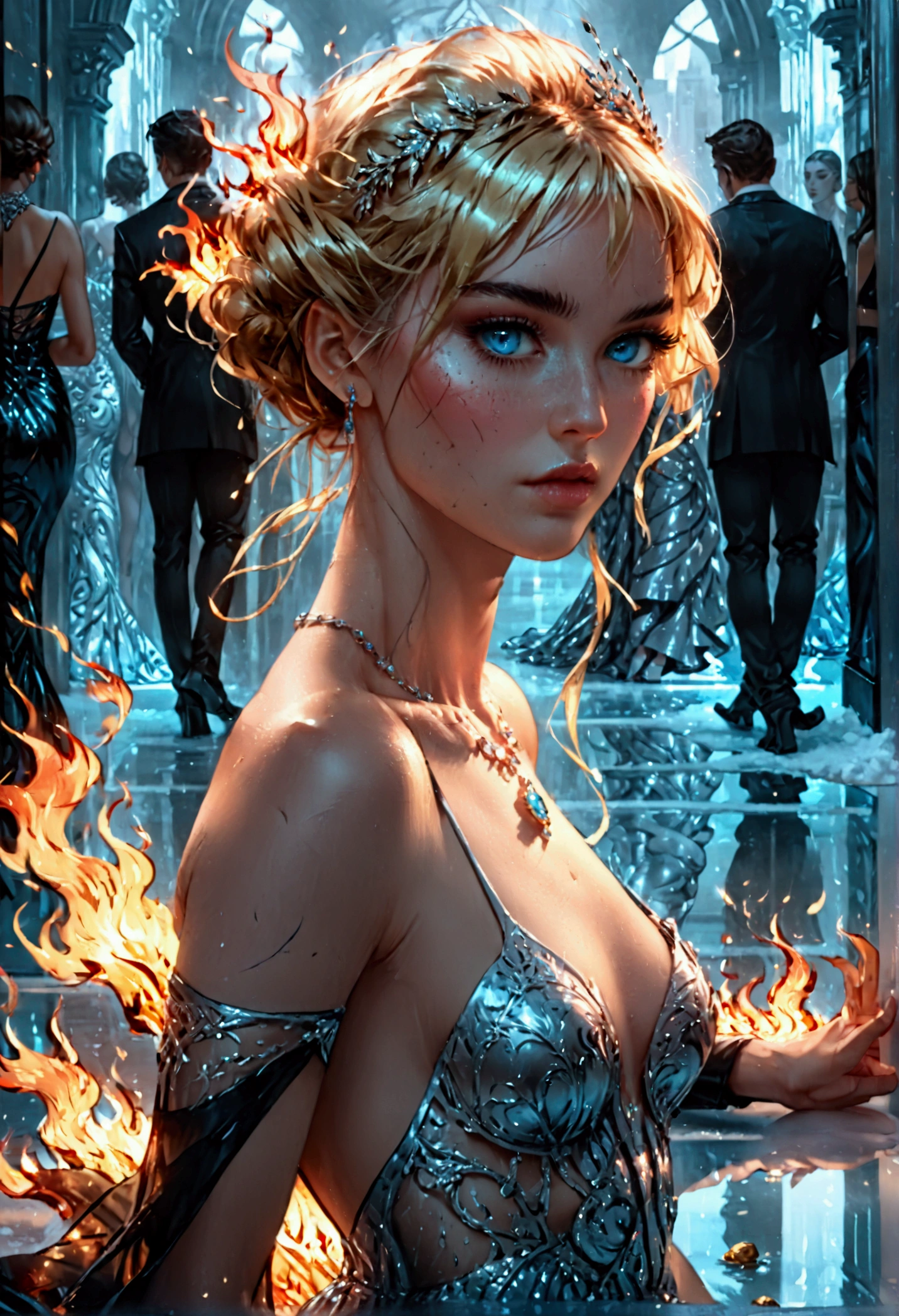 a glamour picture shot, of an elite model covered in fire walking on a icy catwalk, an extraordinary glamourous elite female model, ((full body: 1.5)),  ((anatomically correct: 1.5), (ultra detailed face: 1.2), best detailed face, blond hair, long hair, lush hair, glam hair cut, blue eyes, delicate face, light make up, wearing intricate detailed dress, glamour dress, haute couture dress, elite fashion dress, FireMagicAI,  small cleavage, wearing high heels, elegant high heels, she wears diamond necklace, she is covered in fire, she walks on an icy catwalk, image reflecting in the ice IceMagicAI, elite fashion show background, vibrant, Hyperrealism style, vibrant, Ultra-high resolution, High Contrast, (masterpiece:1.5), highest quality, Best aesthetics), best details, best quality, highres, ultra wide angle, 16k, [ultra detailed], masterpiece, best quality, (extremely detailed) RAW, FireMagicAI, IceMagicAI, Dark Art Painting Style