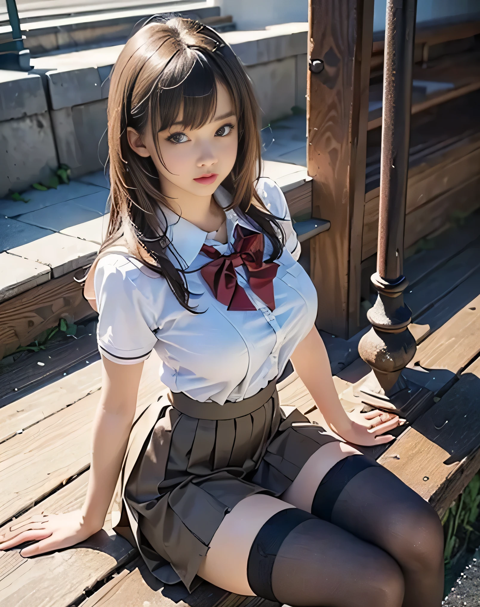 (photorealistic:1.6),(High resolution:1.6),(solo, one girl:1.5),(Cute Girl:1.5),(Light brown Hair:1.3),(bangs bangs),chuuChloe,(Pleat Skirt:1.5),(tight school uniform:1.4),(short sleeve),(Big eyes),(looking at viewer:1.4),(Slender body:1.2),(Big Saggy Breasts:1.2),(eroticism),(lewdness),(sexy:1.2),(tight stockings:1.3)