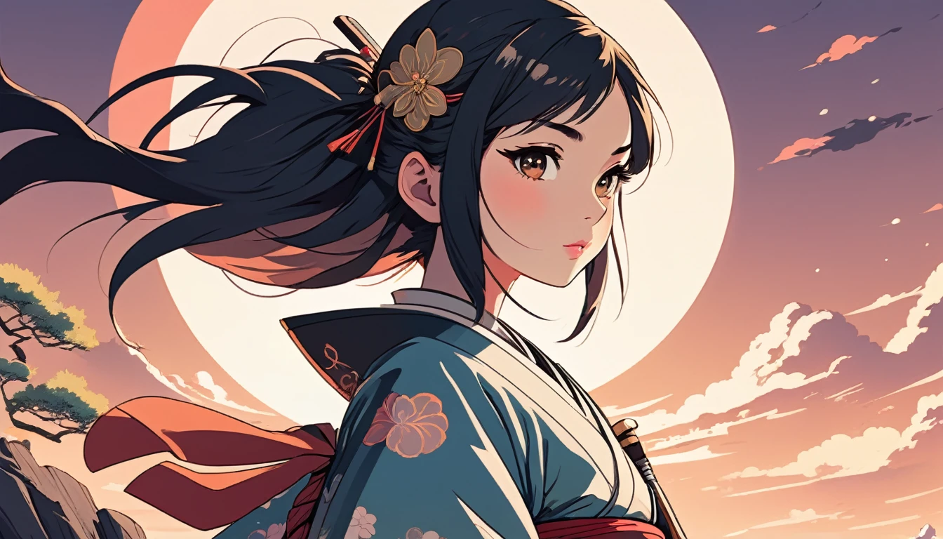 Female samurai, Wide-angle lens, Lofi Anime, Lofi illustration, Aesthetic atmosphere, Lo-Fi Style, Vector art, Flat Design, Simple shape, Warm tones, Pleasant atmosphere, Chill, In anime style, Digital drawing, Vector art, Vector logo for t-shirt printing, (Adorable:1.5), (small:1.4), (Playful:1.2), (soft:1.3), (Whimsical:1.1), masterpiece, Highest quality, 8k, Intricate details, grow, Celestial, Mysterious, Picturesque, amazing, Majestic, Magic, Fantasy art, Cover art, dream-like