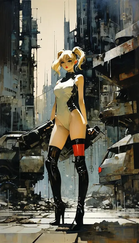 future sexy asian blonde girl with twin-tails in a futuristic city.1.5, rusty metal city, lots of details, cars, buildings, bill...