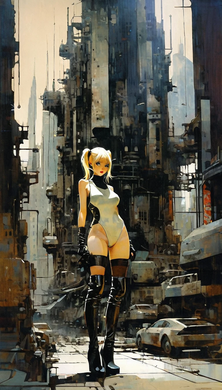 Future sexy asian blonde girl with twin-tails in a futuristic city.1.5, rusty metal city, lots of details, cars, buildings, billboards, nude and very tight tank top, red latex thigh high stocking extreme-highheel-wedge boots , standing pose (Dave Mckean inspired art, intricate details, oil painting)
