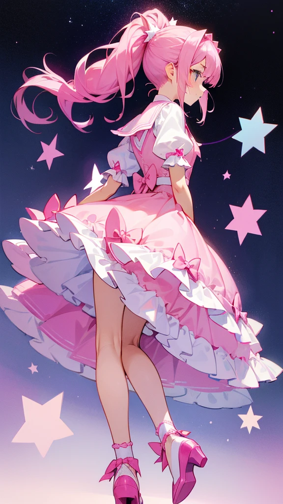 anime girl with 2 pink long ponytail with curlz to the back. stars are in her hair she have a puffy skirt with layers the 2nd layer has white with stars beside it laces are below the skirt she have long pink socks with a small star on it to her left leg dhe have pink heels with laces around and a star on it. her corest is pink and it has ruffles around it and a long pink bow on top. her eues are blue full body and white screen