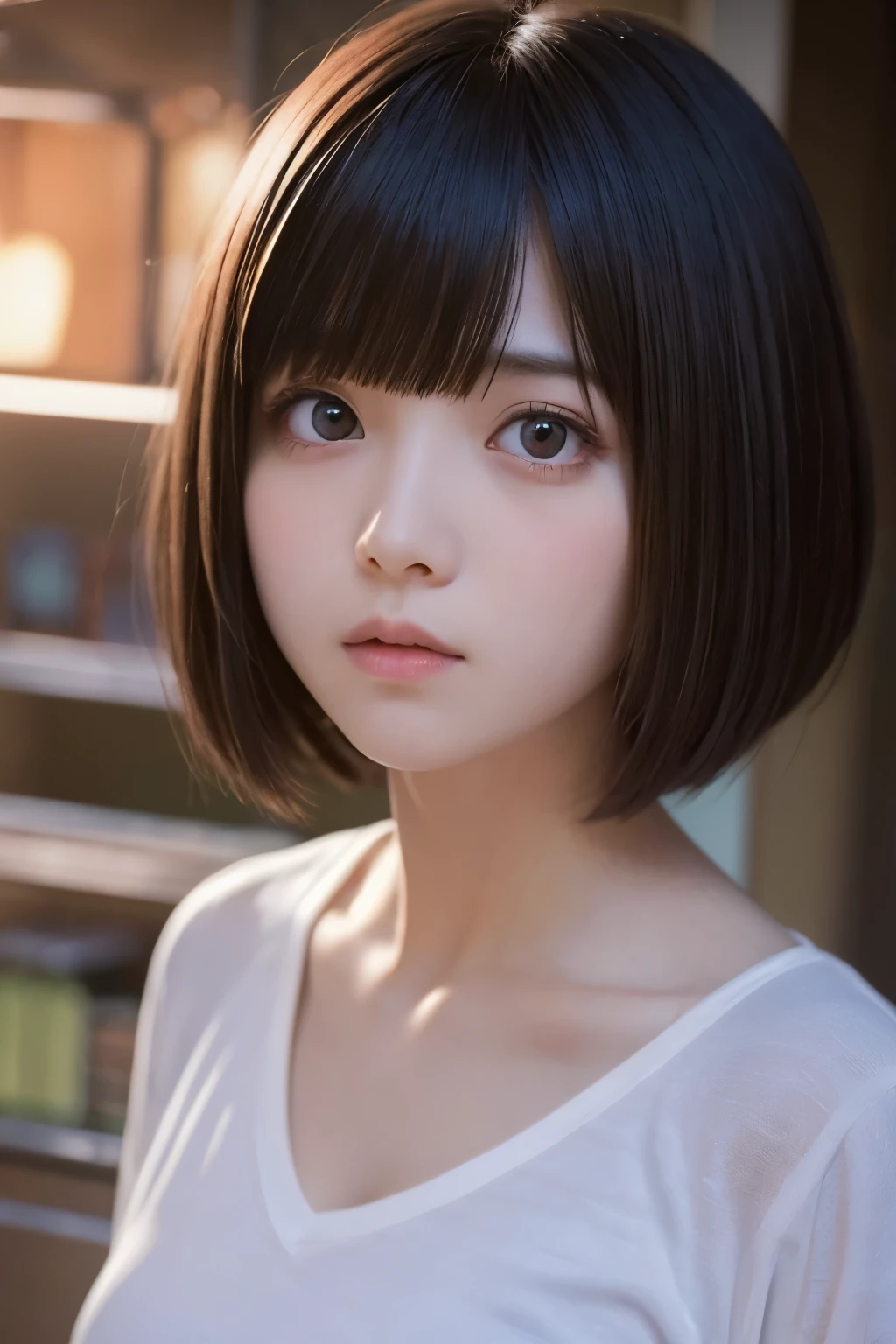 A female student with short bob hair and very long bangs that hang over her eyes, with big eyes and a ghostly appearance.