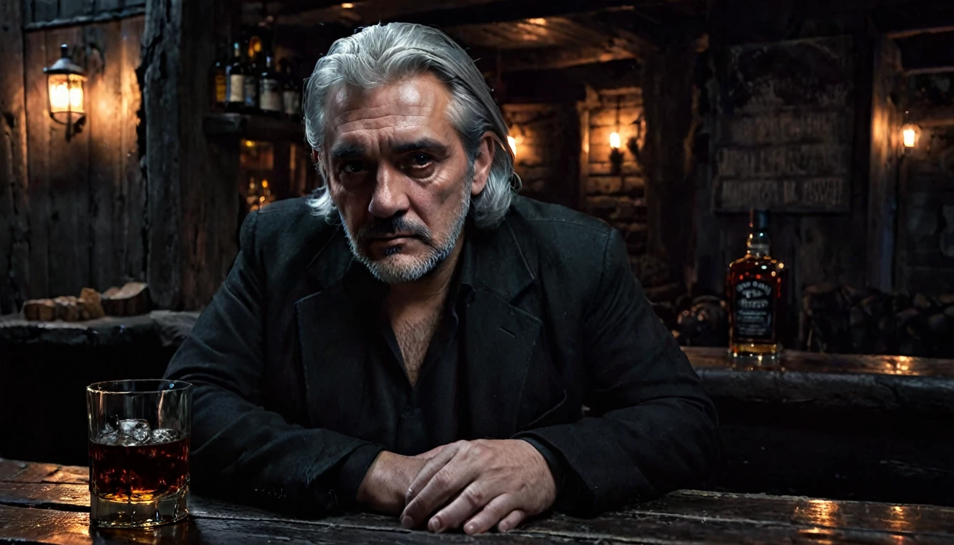 Middle-aged man, dark eyes, scar on his face, gray hair and black clothes. Sitting in the rustic bar drinking dark whiskey with low light, spooky atmosphere, cold night